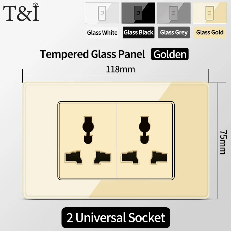 T&I US Standard 118 Wall Outlet with Switch, Tempered Glass Panel, USB and Type-C Charging Ports