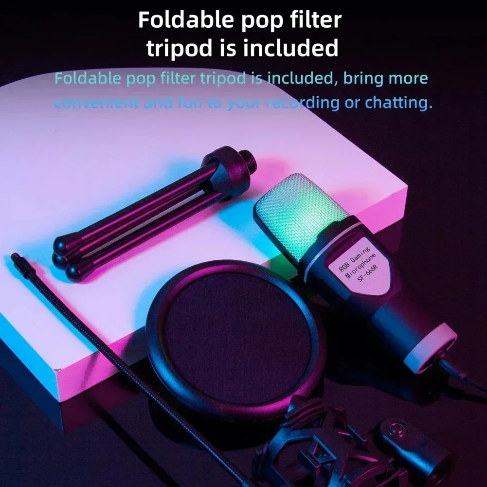 SF666R USB Wired Microphone Noise Reduction RGB Condensador Mic For Recording Podcast Mic With Stand Interview Vlogging Video