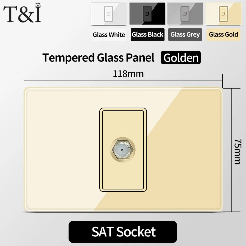 T&I US Standard 118 Wall Outlet with Switch, Tempered Glass Panel, USB and Type-C Charging Ports