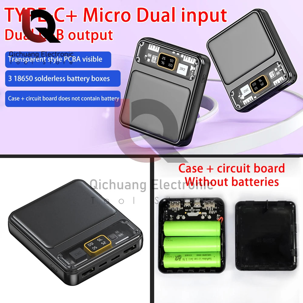 Power Bank Battery Dual USB Battery Pack Digital Display Mini 3 18650 Batteries Transparent Screen Power Bank For Xiaomi Lphone