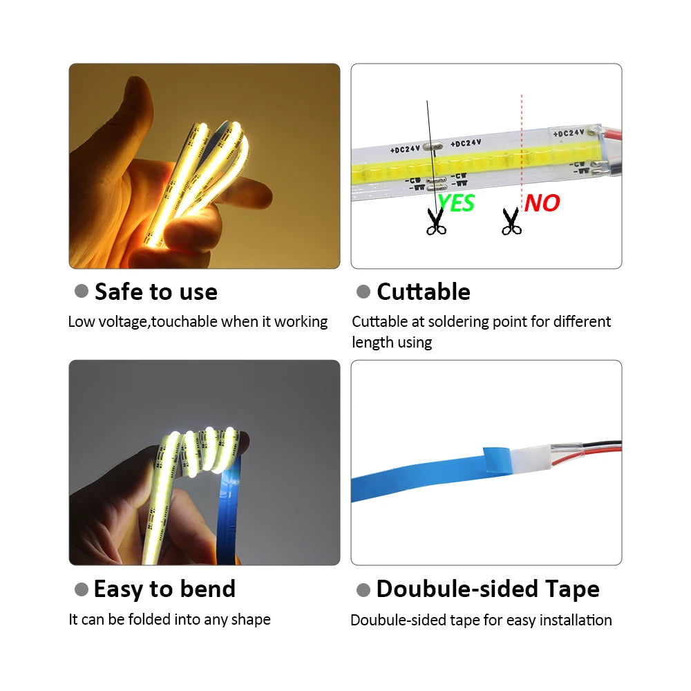 Tuya Smart Life CCT COB LED Strip Lights 24V FCOB LED Tape WIFI Dual White Dimmable Remote 5M Kit for Living Bedroom Room Decor