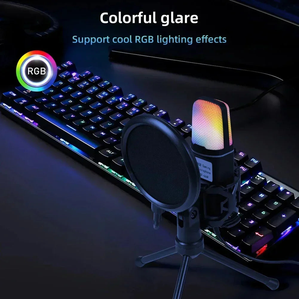 SF666R USB Wired Microphone Noise Reduction RGB Condensador Mic For Recording Podcast Mic With Stand Interview Vlogging Video