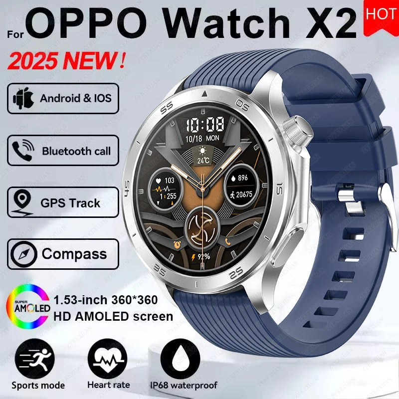 2025 New WATCH X Upgrade Smart Watch Men Watch X2 AMOLED HD Screen Bluetooth Call GPS Trajectory Heart Rate Compass SmartWatch
