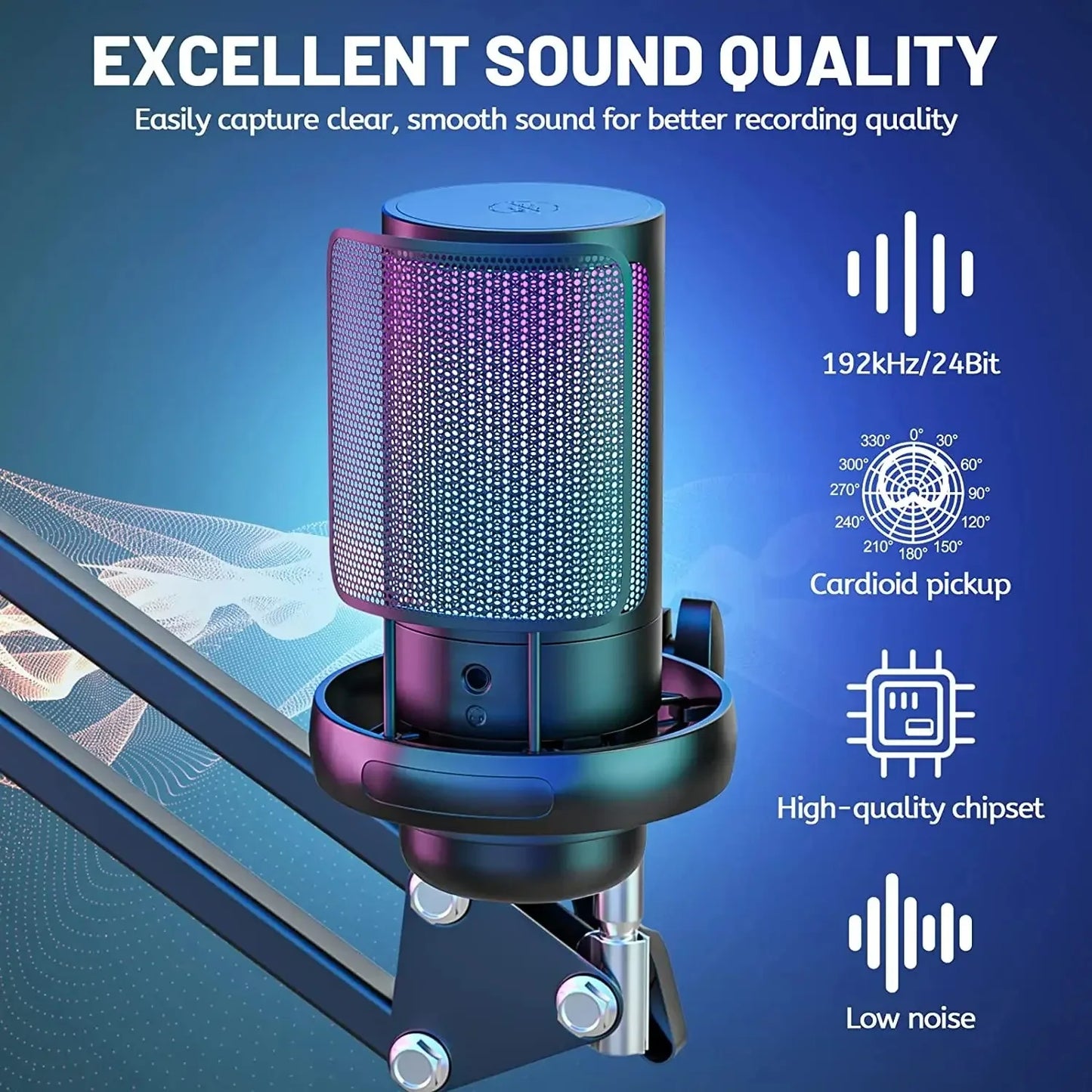 USB Gaming Microphone with Arm Stand Live Reverb Function Mute RGB Condenser Microphones for LiveStreaming Games Audio Recording