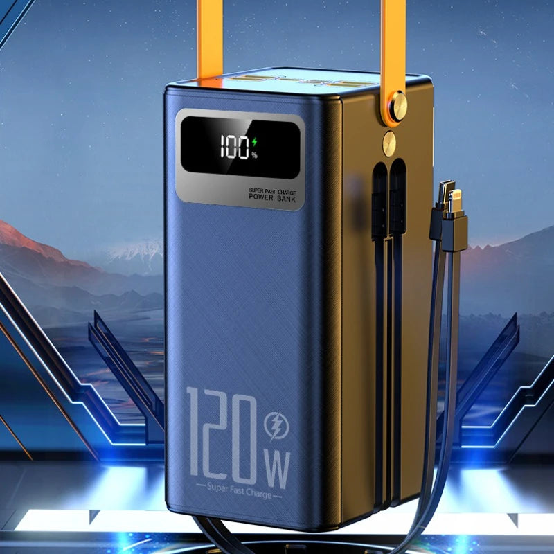 120W 60000mAh Power Bank Fast Charging Comes Two Wire External Battery Pack with Flashlight Outdoors for Huawei Xiaomi IPhone
