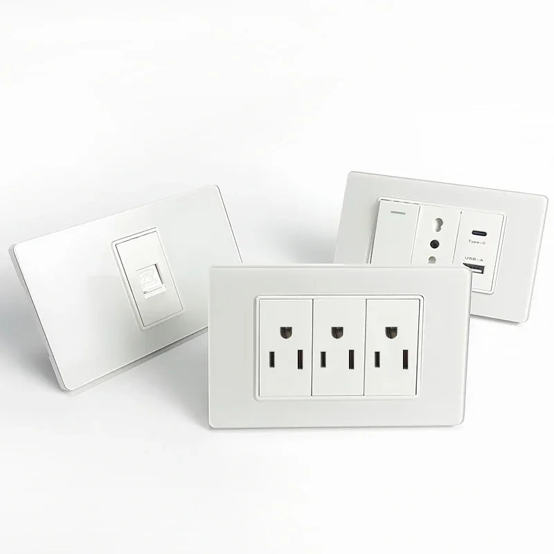 T&I US Standard 118 Wall Outlet with Switch, Tempered Glass Panel, USB and Type-C Charging Ports