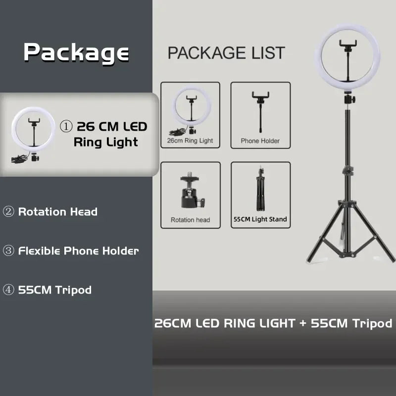 10" LED Selfie Ring Light Home Stuido Lighting Dimmable Round Lamp Tripod Trepied Makeup Selfie Ring Lamp Phone LIGHT FOR VIDEO