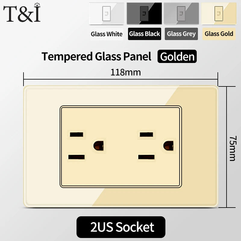 T&I US Standard 118 Wall Outlet with Switch, Tempered Glass Panel, USB and Type-C Charging Ports