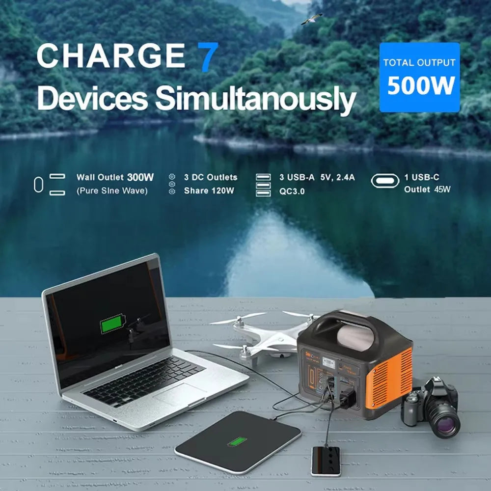 Portable Power Station 300W 500W Solar Generator 460Wh LiFePo4 Batteries 110V 220V Energy Storage Supply LED For Camping RV Trip