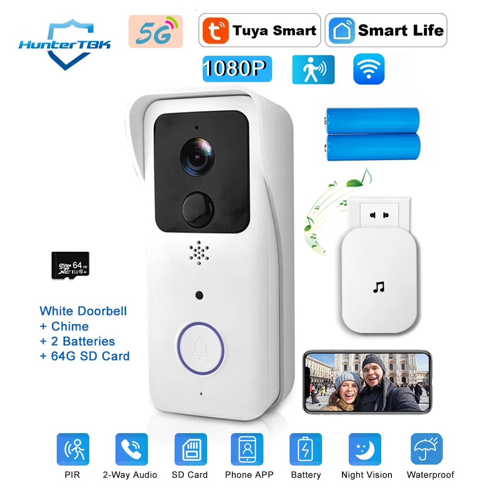 5G 2.4G WiFi Video Doorbell 1080P Tuya Smart Outdoor Wireless Intercom Waterproof Wireless Camera with AC/DC Power Ringing Bell