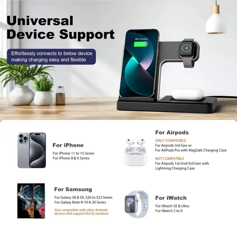 3 in 1 Wireless Charger Stand For iPhone 16 15 14 13 12 Apple Watch Airpods Pro Foldable Fast Charging Station