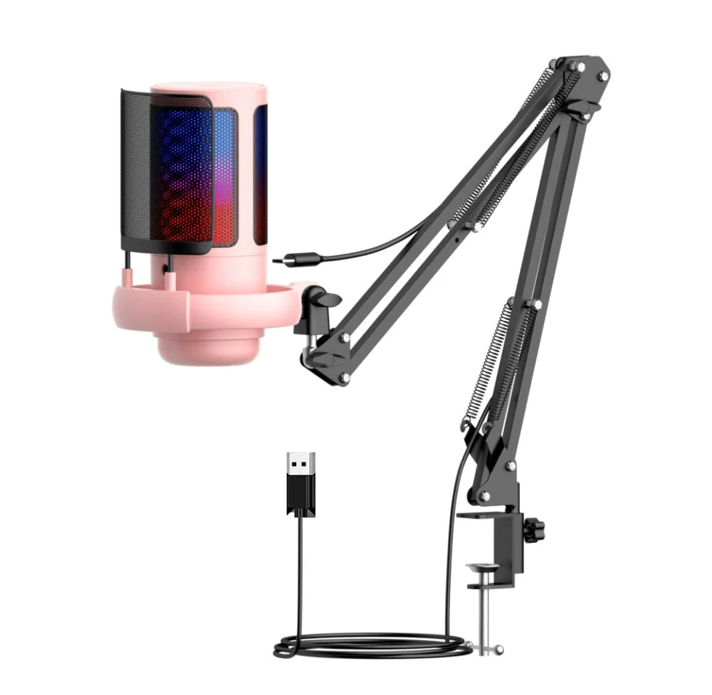 USB Gaming Microphone with Arm Stand Live Reverb Function Mute RGB Condenser Microphones for LiveStreaming Games Audio Recording