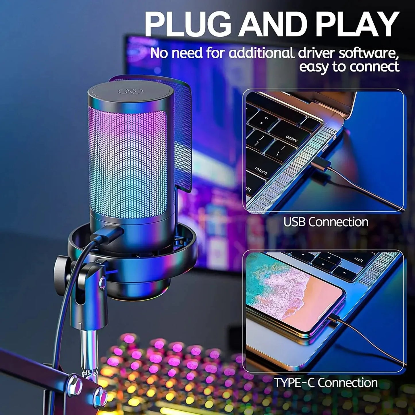 USB Gaming Microphone with Arm Stand Live Reverb Function Mute RGB Condenser Microphones for LiveStreaming Games Audio Recording