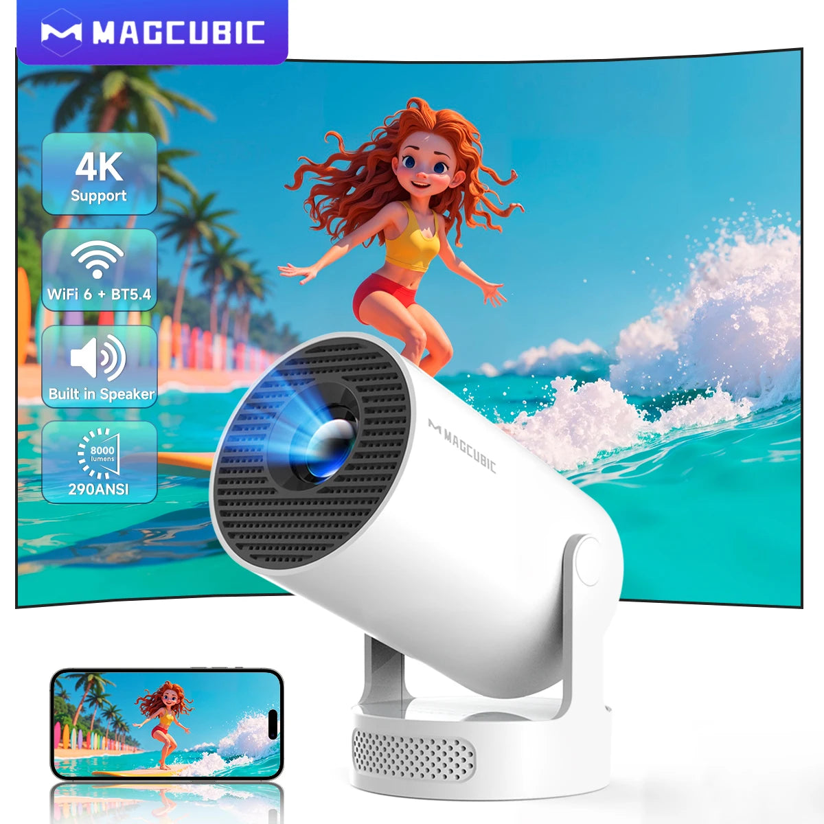 Magcubic HY300 Pro + Projector 4K 720P With 5W Speaker Android 11 8000 Lumens WiFi 6 BT5.4 Outdoor Video Home Theater Projector