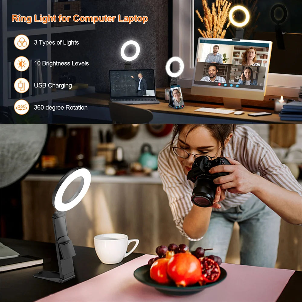 USB LED Selfie Light Clip Ring Light with Phone Holder Desktop Ring Light for Computer Laptop Video Conference Lighting Makeup