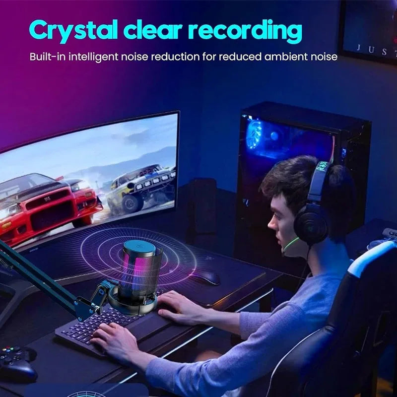USB Gaming Microphone with Arm Stand Live Reverb Function Mute RGB Condenser Microphones for LiveStreaming Games Audio Recording