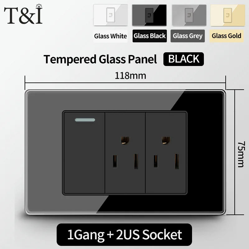 T&I US Standard 118 Wall Outlet with Switch, Tempered Glass Panel, USB and Type-C Charging Ports