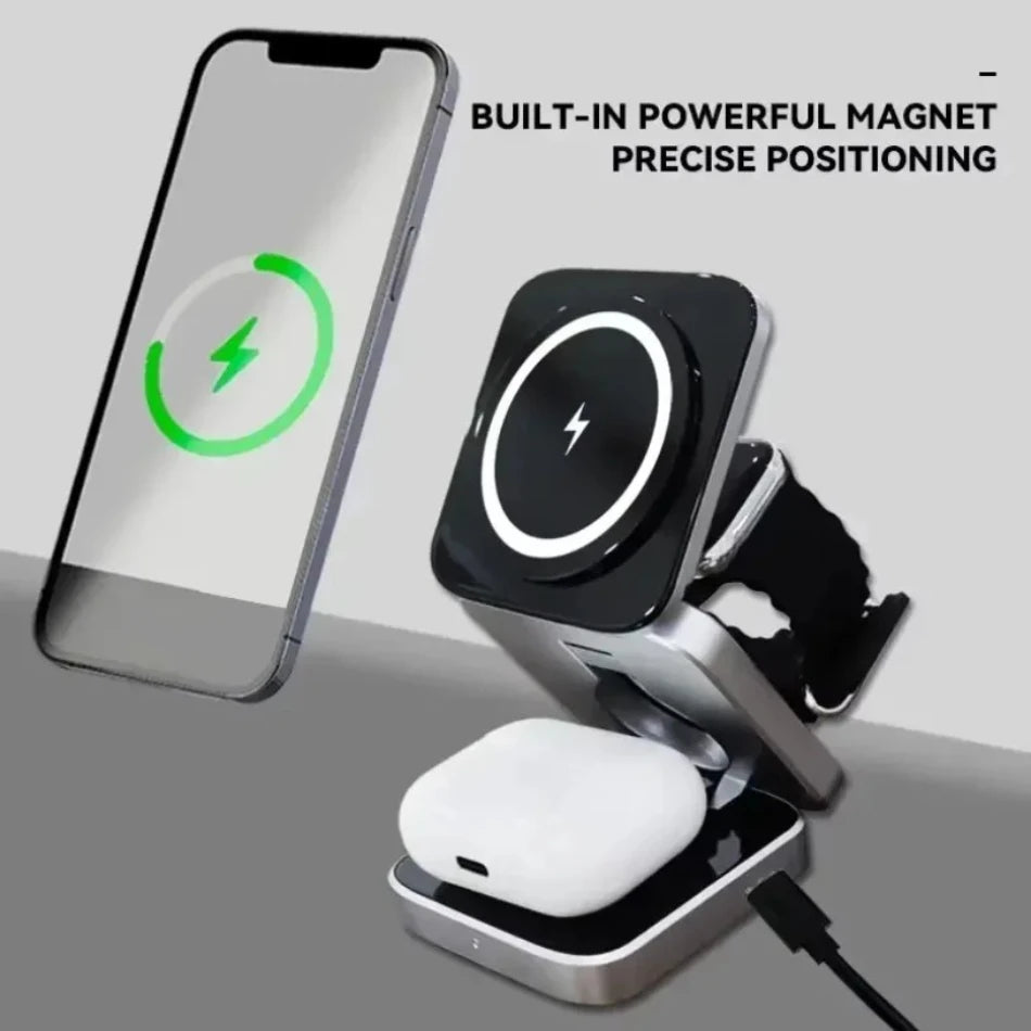 3 IN 1 Magnetic Fast Wirreless Charger Stand Foldable Desktop Phone Holder For Magsafe iPhone 16-12 Apple Watch 10/9/8/7 Airpods