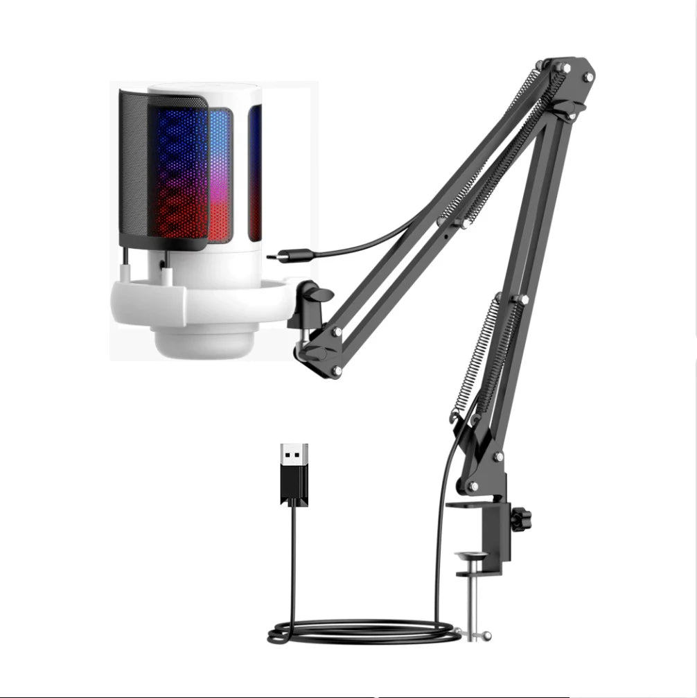 USB Gaming Microphone with Arm Stand Live Reverb Function Mute RGB Condenser Microphones for LiveStreaming Games Audio Recording
