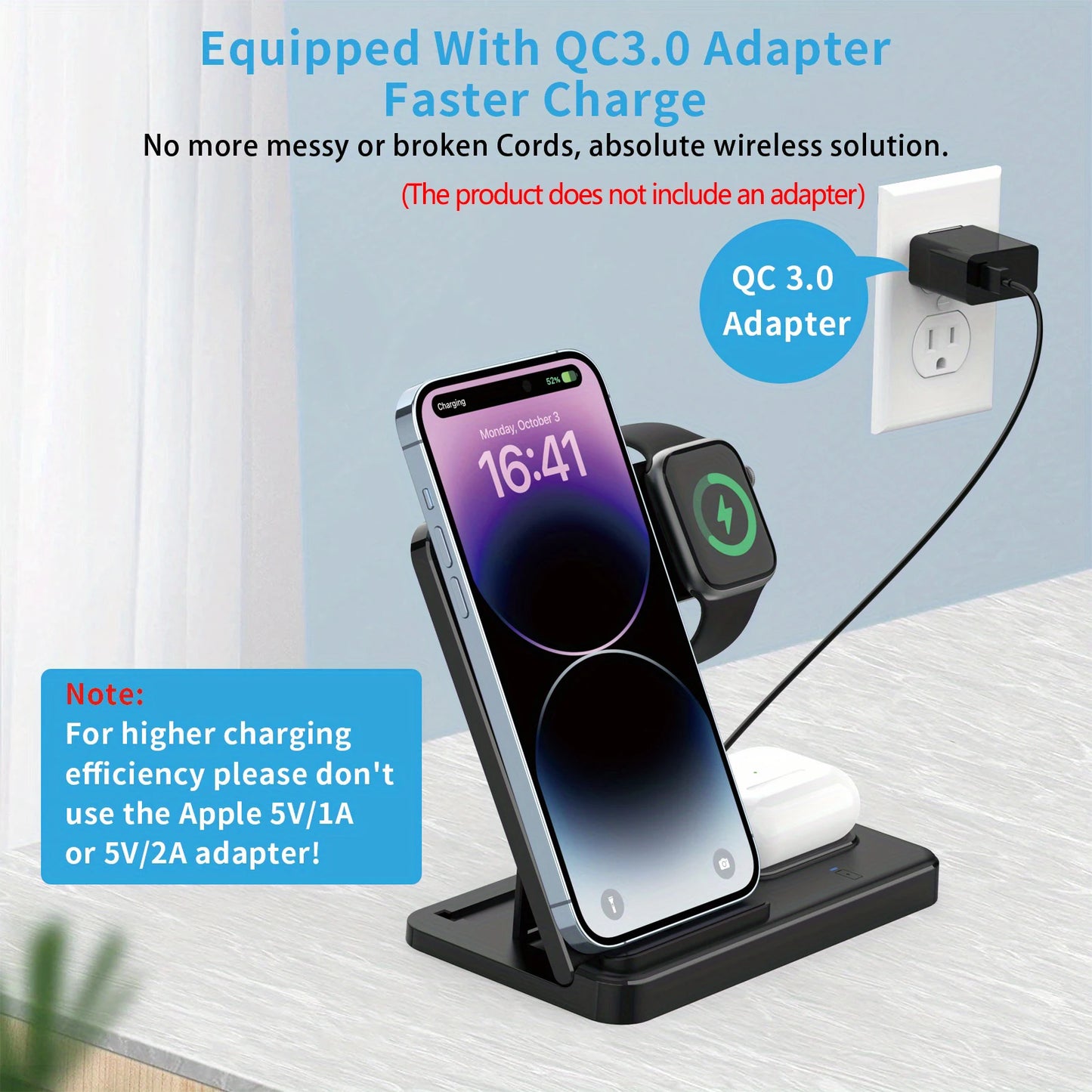 3 in 1 Wireless Charger Stand For iPhone 16 15 14 13 12 Apple Watch Airpods Pro Foldable Fast Charging Station