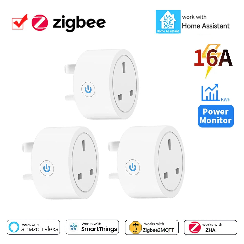 Home Assistant ZigBee Smart Plug 16A Smart Home Outlet UK Socket with Power Monitor Function APP Control Supports Alexa Z2M ZHA