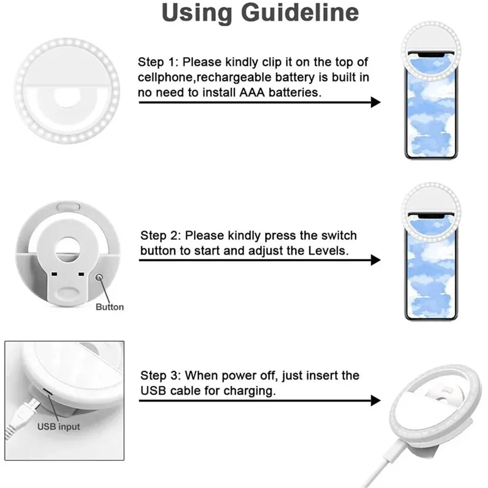 USB Charge Led Selfie Ring Light Mobile Phone Lens Lamp Adjustable Live Brightness Portable Rechargeable Selfie Fill Ring Light