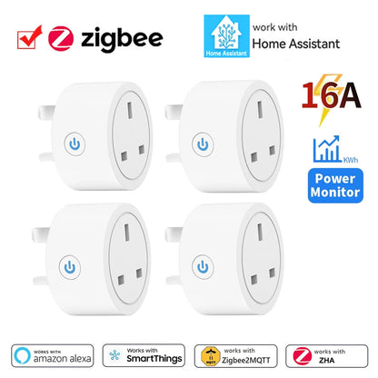 Home Assistant ZigBee Smart Plug 16A Smart Home Outlet UK Socket with Power Monitor Function APP Control Supports Alexa Z2M ZHA