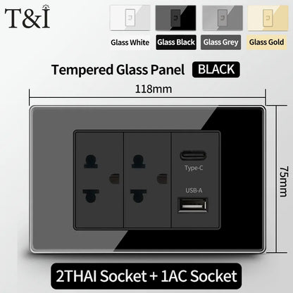 T&I US Standard 118 Wall Outlet with Switch, Tempered Glass Panel, USB and Type-C Charging Ports