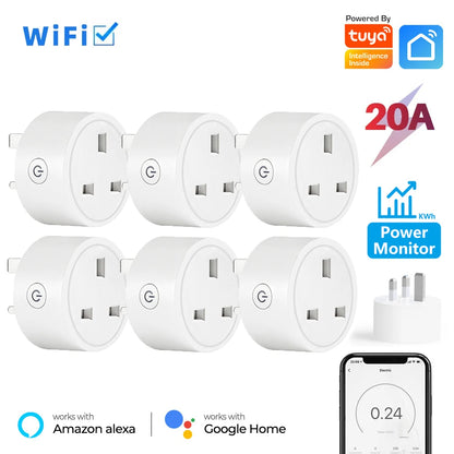 20A Tuya Smart Socket WiFi UK Plug 3 pin Adapter With Power Monitoring Timing Function Home Alexa Voice Control Power Outlet Set