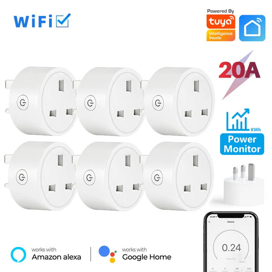 20A Tuya Smart Socket WiFi UK Plug 3 pin Adapter With Power Monitoring Timing Function Home Alexa Voice Control Power Outlet Set