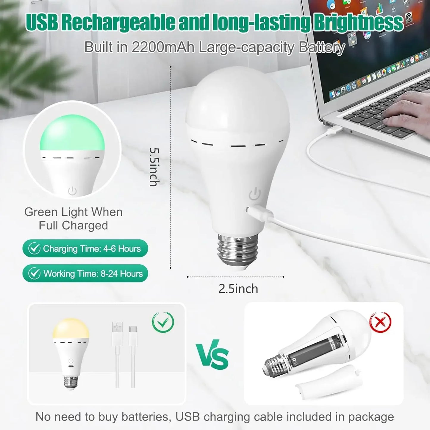 1/2pc 3color USB Led Bulb Rechargeable Light Bulb Smart Bulb Dimmable E27 Bulbs with Timing Cordless Battery Operated Light Bulb
