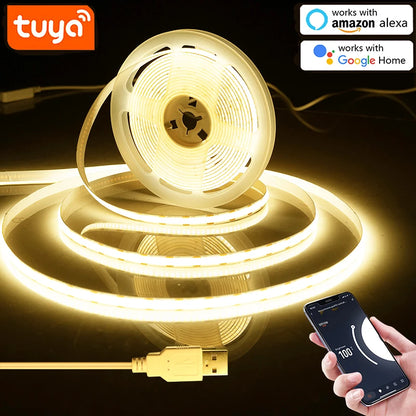 5V USB WiFi COB LED Strip Light，1M 2M 3M 5M Tuya WiFi APP COB LED Strip Light Work With Smart Life APP/Alexa/Google Home