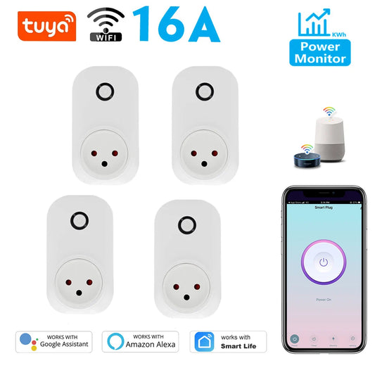 Tuya Smart Socket IsraeL Plug 16A Power Monitor Wifi Light Switch Smart Life Remote Control Outlet For Alexa, Google Assistant