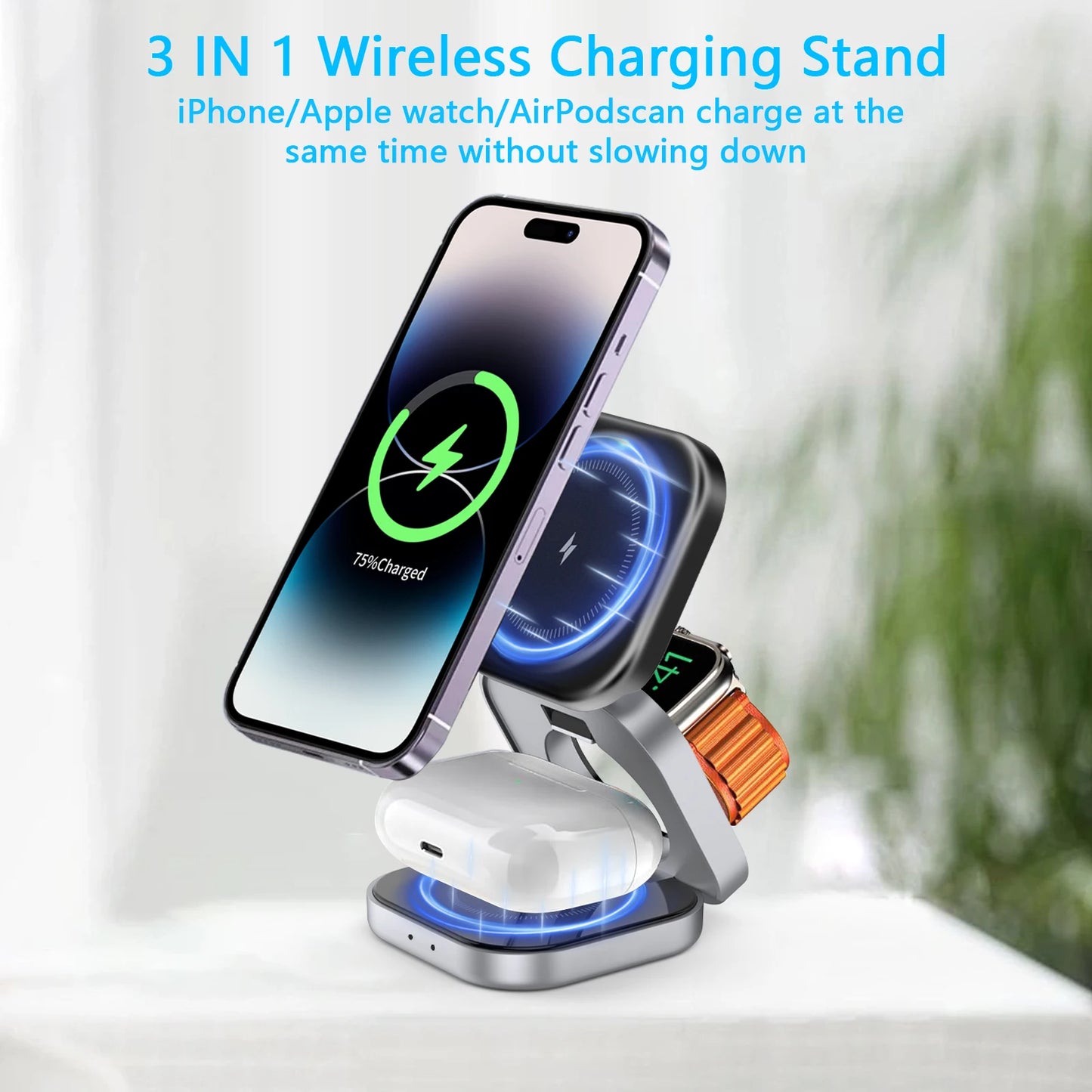 3 in 1 Wireless Charging Stand - Magnetic, Foldable, Fast Charging for iPhone, iWatch, AirPods，usb c to lightning adapter