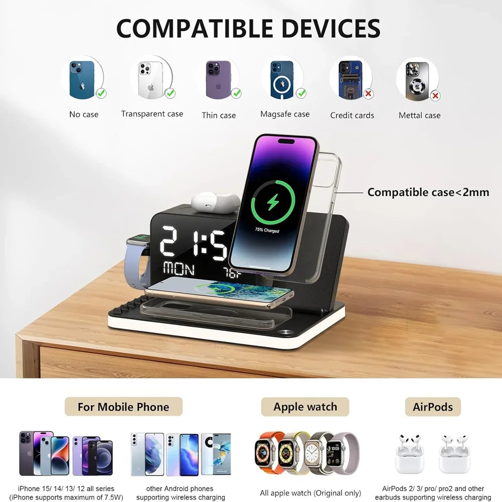 Newest 7 in 1 Wireless Charging Station with Dual iPhone Fast Charger Support Bluetooth/TimeSync 30W Fast Adapter for AirPods
