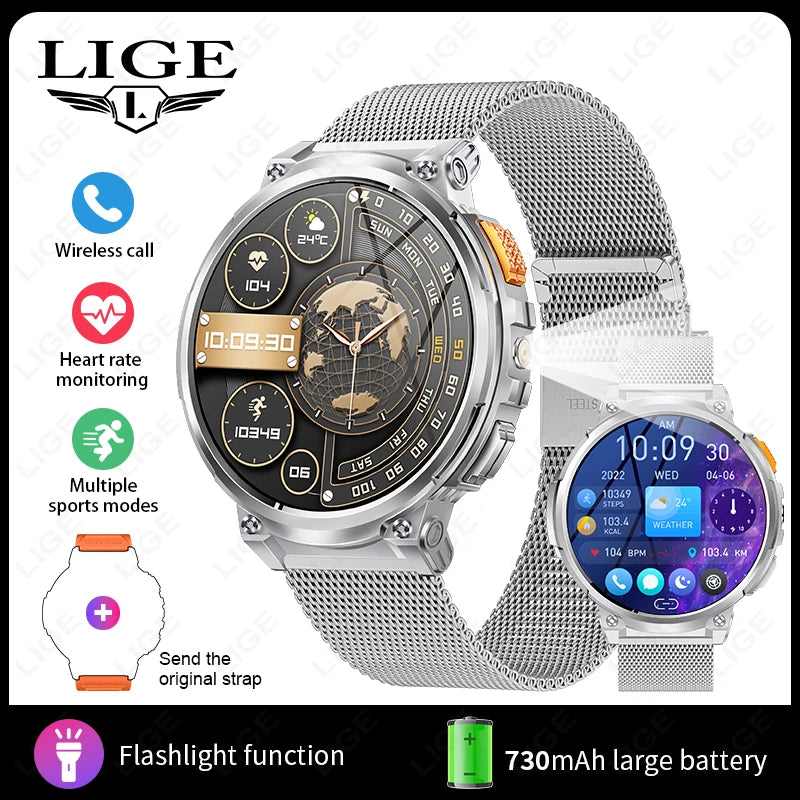 LIGE 1.85” HD Screen Smart Watch Men LED Flashlight 730mAh Large Battery Bluetooth Call Bracelet Waterproof Fitness Smartwatches