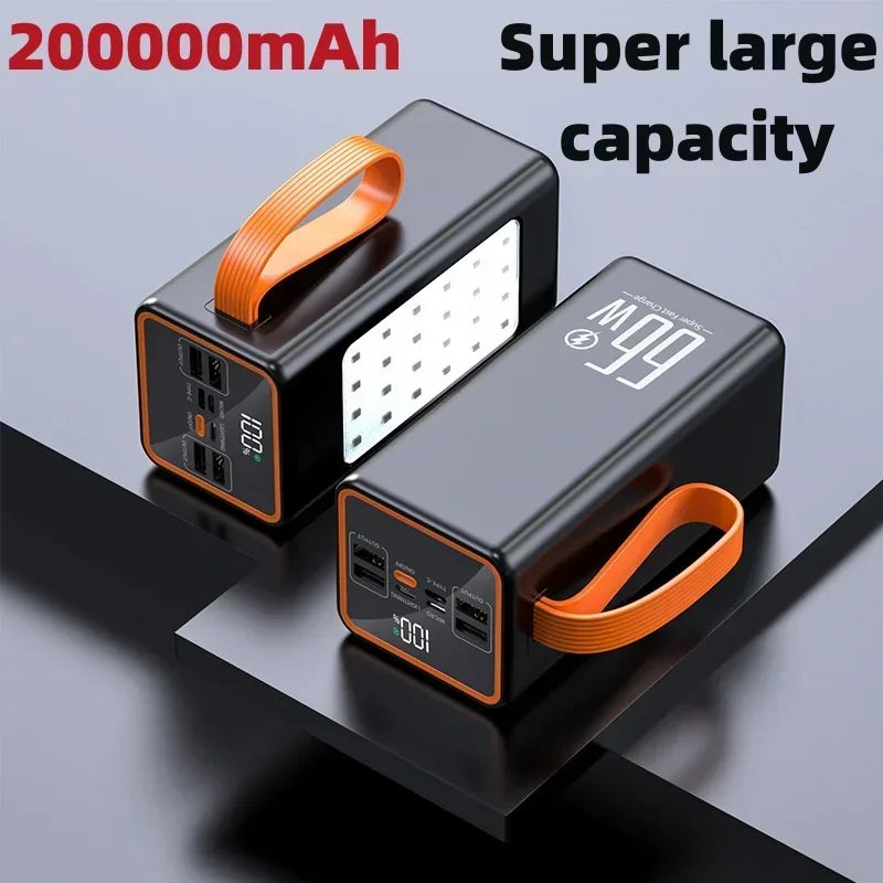 Power Bank 200000mAh High Capacity 66W Fast Charger Waterproof Rechargeable Battery For Mobile Phone Computer Camping LED Light