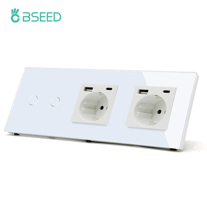 BSEED EU Standard USB Single Socket Touch Switch 1Gang 1Way White Crystal Sensor Wall Light Switch Power Double Sockets Outlets