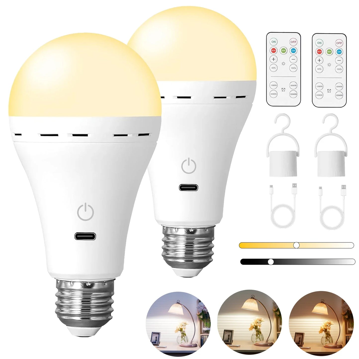 1/2pc 3color USB Led Bulb Rechargeable Light Bulb Smart Bulb Dimmable E27 Bulbs with Timing Cordless Battery Operated Light Bulb
