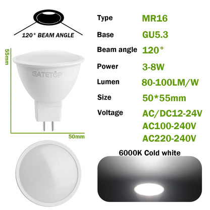 3PCS GU5.3 Base LED Spot Light MR16 Lampara No Flicker Full Voltage AC/DC12V AC 110V 220V Warm Lighting Suitable for Home Led