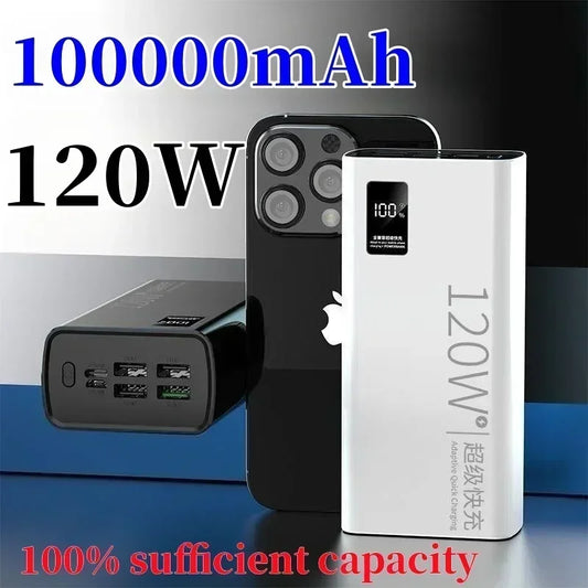 120W super fast charging 100000mAh, 100% sufficient capacity, mobile power bank suitable for Apple, Samsung, Huawei, etc
