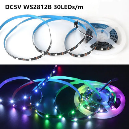 WS2812B RGB Colored Light SMD5050 RGBIC 5V Smart Waterproof LED Strip Individually Addressable IC 30/60/144Pixels/Leds/m Light