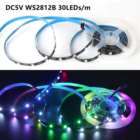 WS2812B RGB Colored Light SMD5050 RGBIC 5V Smart Waterproof LED Strip Individually Addressable IC 30/60/144Pixels/Leds/m Light
