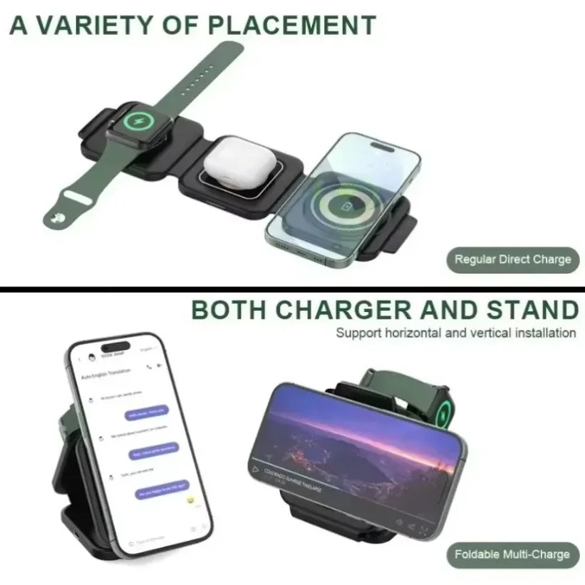 3-in-1 Charging Station Foldable Wireless Charger For Magsafe iPhone 16/15/14/13/12 Apple Watch 10/9/8 AirPods Pro Fast Chargers
