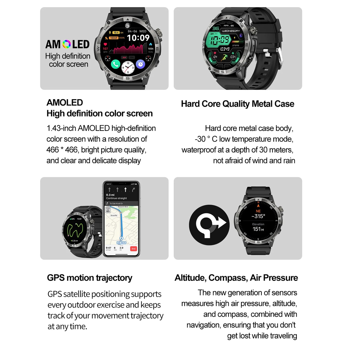 Men Smart Watch HK08 Amoled Screen BT Calling Outdoor Sports Altitude Pressure GPS Motion Positioning Compass Smartwatch