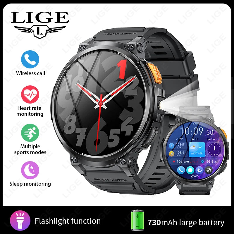 LIGE 1.85” HD Screen Smart Watch Men LED Flashlight 730mAh Large Battery Bluetooth Call Bracelet Waterproof Fitness Smartwatches