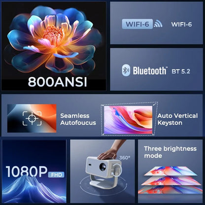 Huaweishi 4K 800ANSI P4 Native Portable Projector 1080P Auto Focus Keystone Correction BT5.2 Android 11 WIFI6 360° Home Cinema