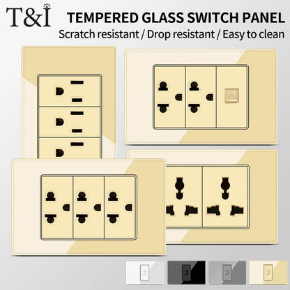 T&I US Standard 118 Wall Outlet with Switch, Tempered Glass Panel, USB and Type-C Charging Ports