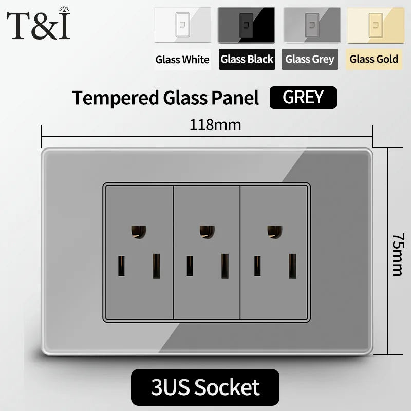 T&I US Standard 118 Wall Outlet with Switch, Tempered Glass Panel, USB and Type-C Charging Ports