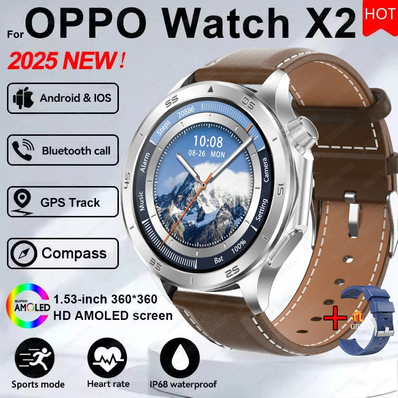 2025 New WATCH X Upgrade Smart Watch Men Watch X2 AMOLED HD Screen Bluetooth Call GPS Trajectory  Heart Rate Compass SmartWatch